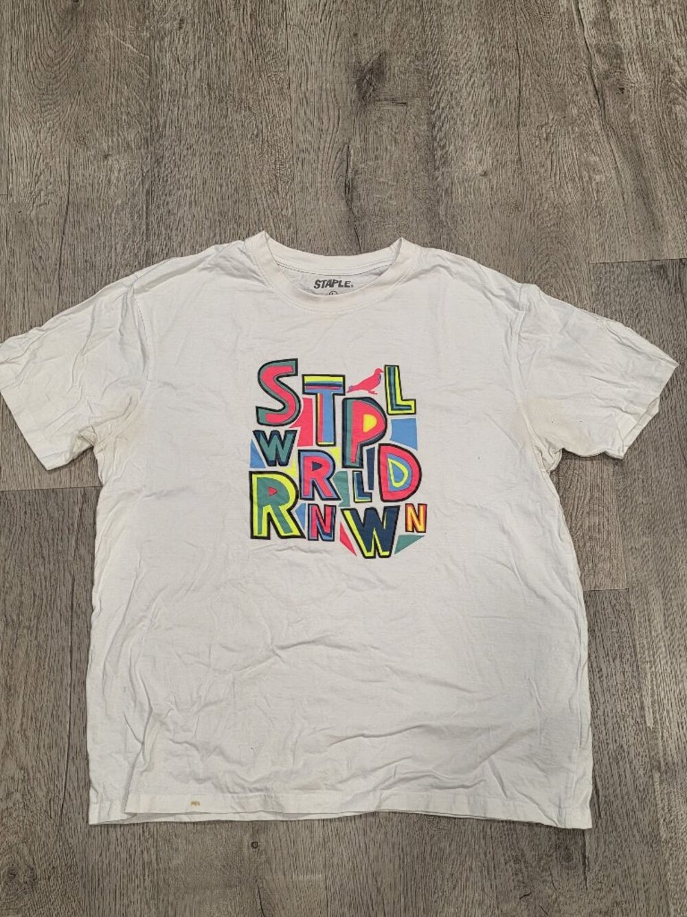 Staple White Graphic Tee Large Stpl Wrld Rnwn Colorful Letters Casual Shirt DIY